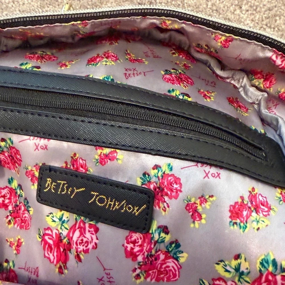 Betsey Johnson Panda Print Mini Backpack White Black Gold Chain Handle Floral